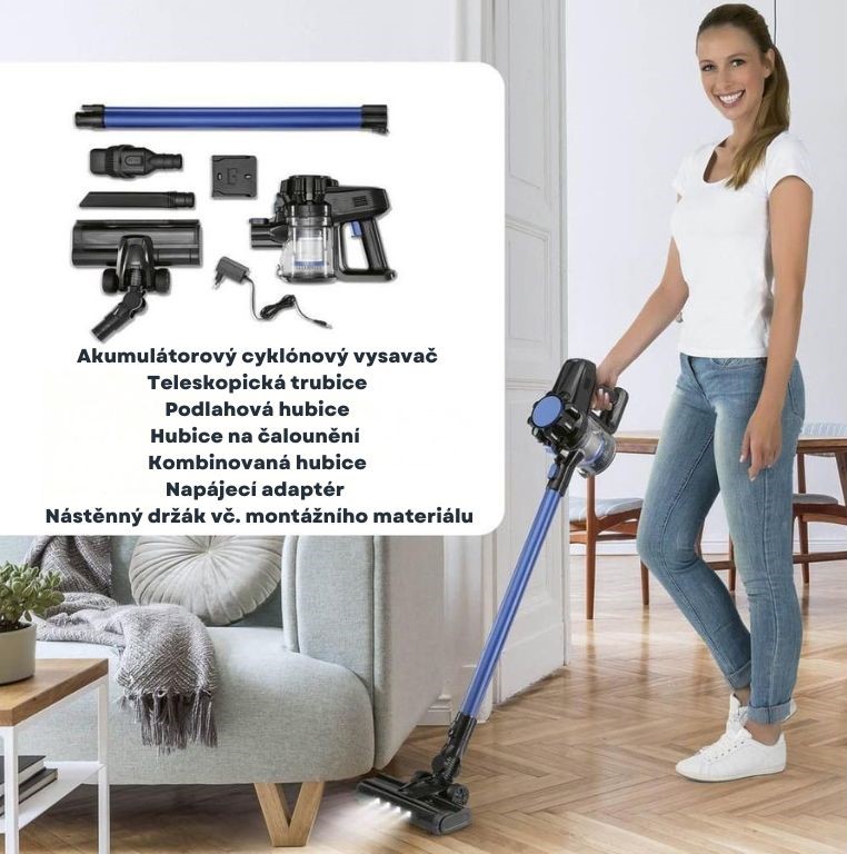CleanMaxx AKU cyklónový tyčový a ruční vysavač s rotačním kartáčem 2v1 ATVSB-19118 černomodrý (6)
